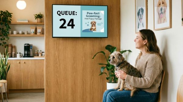 Pet grooming shop displays live queue numbers and promotions on screen.