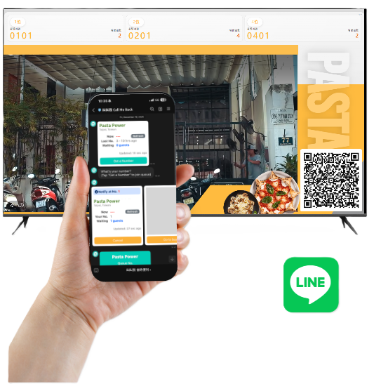 Restaurant manages multiple queue groups on one screen, with LINE-based number-taking.