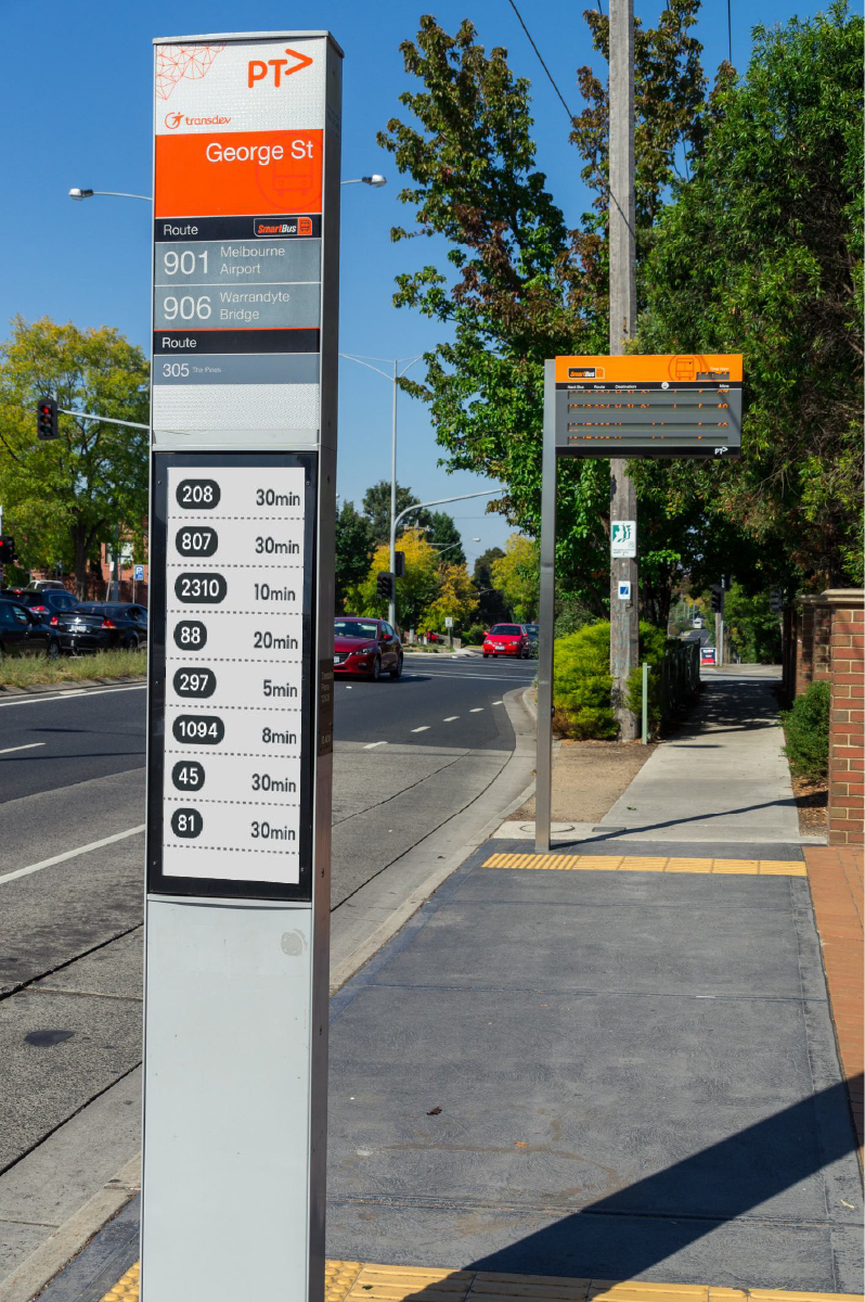 ePaper timetable and platform signs at a transit station